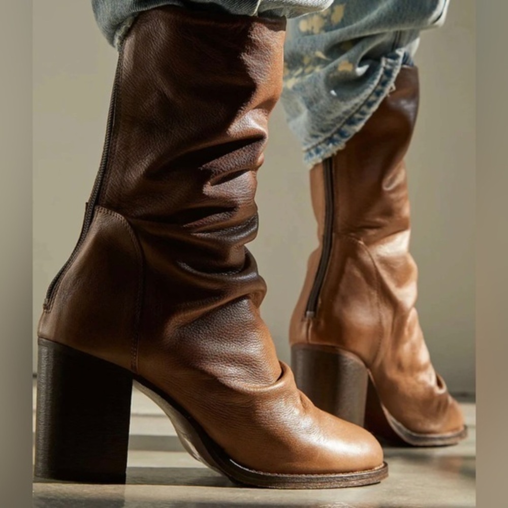 NWT Free People ELLE Slouchy Block Heel MidCalf Boots in Mushroom Leather * *